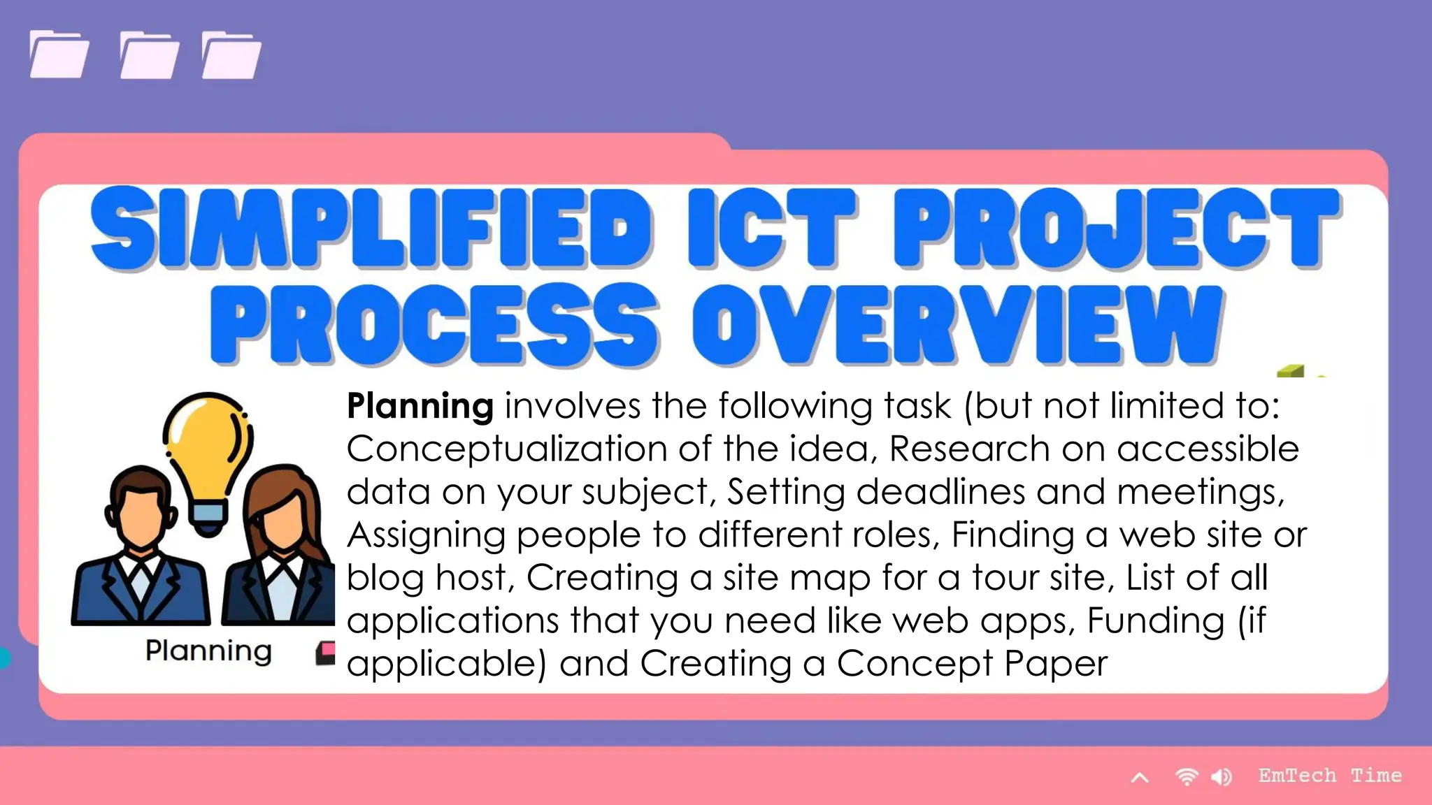 Summary
With PowerPoint, you can create
presentations and share your work with
others, wherever they are. Type the text
you want here to get started. You can
also add images, art, and videos on this
template. Save to OneDrive and
access your presentations from your
computer, tablet, or phone.
Presentation Title 32
Planning involves the following task (but not limited to:
Conceptualization of the idea, Research on accessible
data on your subject, Setting deadlines and meetings,
Assigning people to different roles, Finding a web site or
blog host, Creating a site map for a tour site, List of all
applications that you need like web apps, Funding (if
applicable) and Creating a Concept Paper
 