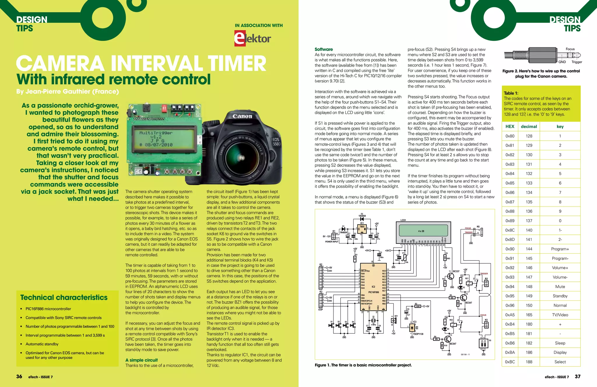 DESIgN                                                                                                                                                                                                                                                                                                                                                                                                                              DESIgN
TIpS                                                                                                                                                                                                                                                                                                                                                                                                                                   TIpS
                                                                                                                    IN ASSoCIATIoN WITh




                                                                                                                                                   Software                                                                                                                           pre-focus (S2). Pressing S4 brings up a new                                                                                                              Focus




CAMERA INTERVAL TIMER
                                                                                                                                                   As for every microcontroller circuit, the software                                                                                 menu where S2 and S3 are used to set the
                                                                                                                                                   is what makes all the functions possible. Here,                                                                                    time delay between shots from 0 to 3,599                                                                                                           GND       Trigger
                                                                                                                                                   the software (available free from [1]) has been                                                                                    seconds (i.e. 1 hour less 1 second, Figure 7).
                                                                                                                                                   written in C and compiled using the free ‘lite’                                                                                    For user convenience, if you keep one of these                                                                      figure 2. here’s how to wire up the control


With infrared remote control                                                                                                                       version of the Hi-Tech C for PIC10/12/16 compiler
                                                                                                                                                   (version 9.70) [2].
                                                                                                                                                                                                                                                                                      two switches pressed, the value increases or
                                                                                                                                                                                                                                                                                      decreases automatically. This function works in
                                                                                                                                                                                                                                                                                      the other menus too.
                                                                                                                                                                                                                                                                                                                                                                                                                 plug for the Canon camera.



By Jean-pierre gauthier (france)                                                                                                                   Interaction with the software is achieved via a                                                                                                                                                                                                        Table 1:
                                                                                                                                                   series of menus, around which we navigate with                                                                                     Pressing S4 starts shooting. The Focus output                                                                       The codes for some of the keys on an
                                                                                                                                                   the help of the four push-buttons S1–S4. Their                                                                                     is active for 400 ms ten seconds before each                                                                        SIRC remote control, as seen by the
 As a passionate orchid-grower,                                                                                                                    function depends on the menu selected and is                                                                                       shot is taken (if pre-focusing has been enabled,                                                                    timer. It only accepts codes between
   I wanted to photograph these                                                                                                                    displayed on the LCD using little ‘icons’.                                                                                         of course). Depending on how the buzzer is                                                                          128 and 137 i.e. the ‘0’ to ‘9’ keys.
                                                                                                                                                                                                                                                                                                                                                                                                                       ,
                                                                                                                                                                                                                                                                                      configured, this event may be accompanied by
           beautiful flowers as they                                                                                                               If S1 is pressed while power is applied to the                                                                                     an audible signal. Firing the Trigger output, also
     opened, so as to understand                                                                                                                   circuit, the software goes first into configuration                                                                                for 400 ms, also activates the buzzer (if enabled).                                                                  HEX      decimal             key
    and admire their blossoming.                                                                                                                   mode before going into normal mode. A series                                                                                       The elapsed time is displayed briefly, and
                                                                                                                                                                                                                                                                                                                                                                                                           0x80       128                1
                                                                                                                                                   of menus appear that let you configure the                                                                                         pressing S3 lets you mute the buzzer.
      I first tried to do it using my                                                                                                              remote-control keys (Figures 3 and 4) that will                                                                                    The number of photos taken is updated then                                                                           0x81       129                2
    camera’s remote control, but                                                                                                                   be recognized by the timer (see Table 1, don’t                                                                                     displayed on the LCD after each shot (Figure 8).
        that wasn’t very practical.                                                                                                                use the same code twice!) and the number of                                                                                        Pressing S4 for at least 2 s allows you to stop                                                                      0x82       130                3
                                                                                                                                                   photos to be taken (Figure 5). In these menus,                                                                                     the count at any time and go back to the start
       Taking a closer look at my                                                                                                                  pressing S2 decreases the value displayed,                                                                                         menu.                                                                                                                0x83       131                4
 camera’s instructions, I noticed                                                                                                                  while pressing S3 increases it. S1 lets you store
                                                                                                                                                                                                                                                                                                                                                                                                           0x84       132                5
         that the shutter and focus                                                                                                                the value in the EEPROM and go on to the next                                                                                      If the timer finishes its program without being
                                                                                                                                                   menu. S4 is only used in the third menu, where                                                                                     interrupted, it plays a little tune and then goes
     commands were accessible                                                                                                                      it offers the possibility of enabling the backlight.                                                                               into stand-by. You then have to reboot it, or
                                                                                                                                                                                                                                                                                                                                                                                                           0x85       133                6

 via a jack socket. That was just                      The camera shutter operating system          the circuit itself (Figure 1) has been kept                                                                                                                                       ‘wake it up’ using the remote control, followed                                                                      0x86       134                7
                                                       described here makes it possible to          simple: four push-buttons, a liquid crystal    In normal mode, a menu is displayed (Figure 6)                                                                                     by a long (at least 2 s) press on S4 to start a new
                    what I needed...                   take photos at a predefined interval,        display, and a few additional components       that shows the status of the buzzer (S3) and                                                                                       series of photos.                                                                                                    0x87       135                8
                                                       or to trigger two cameras together for       are all it takes to control the camera.
                                                       stereoscopic shots. This device makes it     The shutter and focus commands are                                                                               D2
                                                                                                                                                                                                                                                                                                                                                                                                           0x88       136                9
                                                                                                                                                                                                                 1N4004
                                                       possible, for example, to take a series of   produced using two relays RE1 and RE2,                                                                                                                                    LCD1                                                                                                                         0x89       137                0
                                                       photos every 30 minutes of a flower as       driven by transistors T2 and T3. The two                                                                       IC1                    +5V
                                                                                                                                                                                        D1                        7805                                                                                                                                                                K6
                                                       it opens, a baby bird hatching, etc. so as   relays connect the contacts of the jack                                 K1
                                                                                                                                                                                                           1                3
                                                                                                                                                                                                                                                                                                     4 x 20
                                                                                                                                                                                                                                                                                                                                                                      FOCUS
                                                                                                                                                                                                                                                                                                                                                                                                           0x8C       140                1-
                                                                                                                                                                                      1N4004 C1                                                                                                                                                                       TRIGGER
                                                       to include them in a video. The system       socket K6 to ground via the switches in                                                               C2                        C3      C4




                                                                                                                                                                                                                  2
                                                                                                                                                            8V - 12V
                                                       was originally designed for a Canon EOS      S5. Figure 2 shows how to wire the jack                                                                                                                                                                                                                                                                0x8D       141                2-




                                                                                                                                                                                                                                                                              LED+A
                                                                                                                                                                                                  470u    100n                      100n    47u




                                                                                                                                                                                                                                                                              LED-C
                                                                                                                                                                        -




                                                                                                                                                                                                                                                                              VDD
                                                                                                                                                                                                                                                                              VSS




                                                                                                                                                                                                                                                                              R/W
                                                                                                                                                                POWER INPUT




                                                                                                                                                                                                                                                                              RS
                                                                                                                                                                                                                                                                              VL




                                                                                                                                                                                                                                                                              D0
                                                                                                                                                                                                                                                                              D1
                                                                                                                                                                                                                                                                              D2
                                                                                                                                                                                                                                                                              D3
                                                                                                                                                                                                                                                                              D4
                                                                                                                                                                                                                                                                              D5
                                                                                                                                                                                                                                                                              D6
                                                                                                                                                                                                                                                                              D7
                                                                                                                                                                                                                                                                              E
                                                       camera, but it can readily be adapted for    so as to be compatible with a Canon                                                                                                                                                                                                                                     GND




                                                                                                                                                                                                                                                                               1
                                                                                                                                                                                                                                                                               2
                                                                                                                                                                                                                                                                               3
                                                                                                                                                                                                                                                                               4
                                                                                                                                                                                                                                                                               5
                                                                                                                                                                                                                                                                               6
                                                                                                                                                                                                                                                                               7
                                                                                                                                                                                                                                                                               8
                                                                                                                                                                                                                                                                               9
                                                                                                                                                                                                                                                                              10
                                                                                                                                                                                                                                                                              11
                                                                                                                                                                                                                                                                              12
                                                                                                                                                                                                                                                                              13
                                                                                                                                                                                                                                                                              14
                                                                                                                                                                                                                                                                              15
                                                                                                                                                                                                                                                                              16
                                                                                                                                                                                                                     GND
                                                       other cameras that are able to be            camera.                                                                                              +5V
                                                                                                                                                                                                                           +5V                            +5V                                                                                                                                              0x90       144            Program+
                                                                                                                                                                                                                                                   C5                          P1                                                   R3
                                                       remote controlled.                           Provision has been made for two                                                                        R1
                                                                                                                                                                                                                                                   100n
                                                                                                                                                                                                                                                                         C6
                                                                                                                                                                                                                                                                                                                                                                                                           0x91       145            Program-




                                                                                                                                                                                                                                                                                                                                  10R
                                                                                                                                                                                                                                                                                                                                        0W5




                                                                                                                                                                                                         4k7
                                                                                                    additional terminal blocks (K4 and K5)                                                                                                                           100n




                                                                                                                                                                                                                                    20
                                                                                                                                                                                                                                                                                    10k
                                                                                                                                                      K2
                                                       The timer is capable of taking from 1 to     in case the project is going to be used                 1
                                                                                                                                                            2
                                                                                                                                                                  +5V
                                                                                                                                                                                                                 1                                            11
                                                                                                                                                                                                                                                                   GND                                                        +5V
                                                                                                                                                                                                                                                                                                                                                                  +5V                                      0x92       146            Volume+
                                                       100 photos at intervals from 1 second to     to drive something other than a Canon                   3
                                                                                                                                                                  GND
                                                                                                                                                                                                                 2
                                                                                                                                                                                                                     MCLR/Vpp                           RC0
                                                                                                                                                                                                                                                              12
                                                                                                                                                                                                                                                                                                                                          T1       BC337
                                                                                                                                                                                                                     RA0                                RC1                                                                                                                                TRIGGER
                                                       59 minutes, 59 seconds, with or without      camera. In this case, the positions of the              4
                                                                                                                                                            5
                                                                                                                                                                                                                 3
                                                                                                                                                                                                                 4
                                                                                                                                                                                                                     RA1                                RC2
                                                                                                                                                                                                                                                              13
                                                                                                                                                                                                                                                              14
                                                                                                                                                                                                                                                                                                                                                             R7
                                                                                                                                                                                                                                                                                                                                                                      RE1                      K4          0x93       147            Volume-
                                                                                                                                                                                                                                                                                                                             R4




                                                                                                                                                                                                                                                                                                                                                                              14
                                                                                                                                                                                                                     RA2                                RC3
                                                       pre-focusing. The parameters are stored      S5 switches depend on the application.




                                                                                                                                                                                                                                                                                                                                                                              3
                                                                                                                                                            6                                                    5                                            15




                                                                                                                                                                                                                                                                                                                                                            1k


                                                                                                                                                                                                                                                                                                                                                                       2
                                                                                                                                                                                                                     RA3                                RC4




                                                                                                                                                                                                                                                                                                                                  2k7
                                                                                                                                                            7                                                    6                                            16
                                                                                                                                                                                                                     RA4                                RC5
                                                       in EEPROM. An alphanumeric LCD uses                                                                  8                                                    7                  IC2                       17                                                                                                                                           0x94       148              Mute




                                                                                                                                                                                                                                                                                                                                                                       6
                                                                                                                                                                                                                     RA5                                RC6                                                                                   GND                D3




                                                                                                                                                                                                                                                                                                                                                                                  8
                                                                                                                                                                                                                                                              18
                                                       four lines of 20 characters to show the      Each output has an LED to let you see             K3
                                                                                                                                                            1                                                    25
                                                                                                                                                                                                                                PIC16F886
                                                                                                                                                                                                                                                        RC7
                                                                                                                                                                                                                                                            21                                                                                                        T2

 Technical characteristics                                                                                                                                                                                                                                                                                                                                                                                 0x95       149            Standby
                                                                                                                                                                                                                    RB4                                 RB0                                                                                  R5
                                                       number of shots taken and display menus      at a distance if one of the relays is on or             2
                                                                                                                                                            3
                                                                                                                                                                  +5V
                                                                                                                                                                                                                 26
                                                                                                                                                                                                                 27
                                                                                                                                                                                                                    RB5                                 RB1
                                                                                                                                                                                                                                                            22
                                                                                                                                                                                                                                                            23
                                                                                                                                                                                                                                                                                                                                              68k
                                                                                                                                                                  GND                                               RB6/ICSPCLK                         RB2
                                                       to help you configure the device. The        not. The buzzer BZ1 offers the possibility              4                                                    28                                         24                                                                                                        BC547




                                                                                                                                                                                                                                                                                                                                                     100k
                                                                                                                                                                                                                    RB7/ICSPDAT                         RB3                                       R2                                                        R9
                                                                                                                                                            5
                                                                                                                                                                                                                                                                                                              +5V                                                                                          0x96       150             Normal
                                                       backlight is controlled by                   of producing an audible signal, for those                                                                                                                                                      100R




                                                                                                                                                                                                                             OSC1



                                                                                                                                                                                                                                            OSC2
 •   PIC16F886 microcontroller                                                                                                                       ICSP                                                                                                                             C9
                                                                                                                                                                                                                                                                                                                                        +5V
                                                       the microcontroller.                         instances where you might not be able to




                                                                                                                                                                                                                     19

                                                                                                                                                                                                                            9



                                                                                                                                                                                                                                           10

                                                                                                                                                                                                                                                     8
                                                                                                                                                                                                                                                                                                                                                                 GND
                                                                                                                                                                                                                                     X1                              BZ1
                                                                                                                                                                                                                                                                                      4u7                                                                                                  FOCUS           0xA5       165            TV/Video
 •   Compatible with Sony SIRC remote controls                                                      see the LEDs.                                                                                                                                                                   GND
                                                                                                                                                                                                                                                                                                                                    R8
                                                                                                                                                                                                                                                                                                                                             RE2                                               K5




                                                                                                                                                                                                                                                                                                                                                     14
                                                                                                                                                                    S1           S2          S3                                                                                                IC3




                                                                                                                                                                                                                                                                                                                                                     3
                                                                                                                                                                                                     S4
                                                       If necessary, you can adjust the focus and   The remote control signal is picked up by




                                                                                                                                                                                                                                                                                                                                  1k
                                                                                                                                                                                                                                                                                           2




                                                                                                                                                                                                                                                                                                                                              2
                                                                                                                                                                                                                                    4 MHz                                                                                                                                                                  0xB4       180                +
 •   Number of photos programmable between 1 and 100                                                                                                                                                                       C7                   C8                                    3
                                                       shot at any time between shots by using      IR detector IC3.




                                                                                                                                                                                                                                                                                                                                              6
                                                                                                                                                                                                                                                                                                                                        D4




                                                                                                                                                                                                                                                                                                                                                       8
                                                                                                                                                                                                                           22p                  22p
                                                       a remote control compatible with Sony’s      Transistor T1 is used to enable the                                                                                                                            +5V                         TSOP1138                                                                                                    0xB5       181                 -




                                                                                                                                                                                                                                                                                           1
 •   Interval programmable between 1 and 3,599 s                                                                                                                                        GND                                         GND                                                     GND                     R6
                                                                                                                                                                                                                                                                                                                                             T3

                                                       SIRC protocol [3]. Once all the photos       backlight only when it is needed — a




                                                                                                                                                                                                                                                                                                                                                                                           3
                                                                                                                                                                                                                                                                                                                                                                                           4
                                                                                                                                                                                                                                                                                                                     68k
                                                                                                                                                                                                                                                                                                                                                                                                     S5

 •   Automatic standby                                 have been taken, the timer goes into         handy function that all too often still gets                                                                                                                                                                                             BC547                                                         0xB6       182              Sleep




                                                                                                                                                                                                                                                                                                                           100k
                                                                                                                                                                                                                                                                                                                                  R10

                                                       stand-by mode to save power.                 overlooked.




                                                                                                                                                                                                                                                                                                                                                                                           2
                                                                                                                                                                                                                                                                                                                                                                                           1
 •   Optimised for Canon EOS camera, but can be                                                                                                                                                                                                                                                                                                                                                            0xBA       186             Display
                                                                                                    Thanks to regulator IC1, the circuit can be                                                                                                                                                                                         GND                  081184 - 11                    GND
     used for any other purpose
                                                       A simple circuit                             powered from any voltage between 8 and                                                                                                                                                                                                                                                                 0xBC       188              Select
                                                       Thanks to the use of a microcontroller,      12 Vdc.                                        figure 1. The timer is a basic microcontroller project.


36    eTech - ISSUE 7                                                                                                                                                                                                                                                                                                                                                                                                            eTech - ISSUE 7       37
 