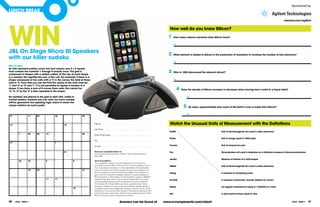 Sponsored by
LUNCh BREAk




WIN
                                                                                                                                                                                                                                                                                    rswww.com/agilent

                                                                                                                                                                      how well do you know Silicon?
                                                                                                                                                                      1     how many valence electrons does Silicon have?


                                                                                                                                                                            a.


JBL on Stage Micro III Speakers                                                                                                                                       2     What element is added to Silicon in the production of transistors to increase the number of free electrons?
with our killer sudoku
                                                                                                                                                                            a.
how to play:
As with standard sudoku, every row and column and 3 x 3 square
must contain the numbers 1 through 9 exactly once. The grid is
composed of shapes with a dotted outline. At the top of each shape
                                                                                                                                                                      3     Who in 1824 discovered the element silicon?

is a number, this signifies the sum of the cell. for example; if there is a
shape composed of two cells with a ‘3’ in the corner, the total of those                                                                                                    a.
cells is ‘3’. from that you can tell that the values of the cells must be
‘1’ and ‘2’ or ‘2’ and ‘1’. It is not permitted to repeat a number in a
shape. If you have a sum of 8 across three cells, this cannot be
‘2’, ‘4’, ‘2’ as the ‘2’ is then repeated in the shape.
                                                                                                                                                                                 4   Does the density of Silicon increase or decrease when moving from a solid to a liquid state?


No numbers are placed in the grid to start with, unlike in                                                                                                                                a.
normal sudoku; however you can work out every number
withno guesswork but applying logic alone to reach the
unique solution for each puzzle.
                                                                                                                                                                                      5    By mass, approximately how much of the Earth’s crust is made from Silicon?

Daily No. 1914                                                            Moderate
                                                                                                                                                                                          a.
17                 11         22                18                         25


14                                                       12                          Name:                                                                            Match the Unusual Units of Measurement with the Definitions
                                                                                     Job Title:
                                                                                                                                                                      fLopS                                            Unit of electromagnetic flux used in radio astronomy
         7         20         28       13                                  29        Ship-To-Number:
                                                                                                                                                                      Shake                                            Unit of energy equal to 1044 joules
                                                                                     Tel:
17                                              7
                                                                                                                                                                      furman                                           Unit of measure for pain
                                                                                     E-mail:

                                                         21                          Send your completed Sudoku to:                                                   foe                                              Dimensionless unit used in telephony as a statistical measure of telecommunications
                                                                                     RS Components Ltd, eTech Team, DPN 24, Corby, Northamptonshire,
                                                                                     NN17 9RS.
                                                                                                                                                                      Jansky                                           Measure of hotness of a chilli pepper
         23        10                  5                             9               Terms & Conditions:
                                                                                     This competition is being run by RS Components Ltd. To enter the
                                                                                     competition, all information on the entry form must be supplied. Entry is        Nibble                                           Unit of electromagnetic flux used in radio astronomy
                                                                                     free, no purchase is necessary. It is the responsibility of the participant
                   14         33                                           12        to gain permission from his/her employer to enter this competition. The
                                                                                     prize is as stated. No cash alternatives are available. The competition is       Erlang                                           A measure of computing power
                                                                                     open to all RS Components catalogue recipients, except employees of
                                                                                     RS Components or their families. The closing date for entries is 30/9/2011.
                                       11       17                                   The date of the draw will be in the month of October 2011. The winner            Scoville                                         A measure of kinematic viscosity defined as 1cm2/s
                                                                                     will be selected at random by RS Components and will be notified by
                                                                                     31st October 2011. Responsibility cannot be accepted for lost entries,
                                                                                     damaged or delayed in transit to the porters address. Illegible, altered or      Stokes                                           An angular measurement equal to 1/65,536 of a circle
                                                                     10              incomplete entries will be disqualified. Details of the prize winner can be
                                                                                     obtained from the promoter after the date of the draw by sending an SAE
                                                                                     to RS Components, eTech Team, DPN 24,Corby, Northamptonshire, NN17               Dol                                              A short period of time, equal to 10ns
                                                                                     9RS or by visiting www.rs-components.com/etech.
                        Copyright (c) 2011, killersudokuonline.com
40   eTech - ISSUE 7                                                                                                 Answers can be found at                       www.rs-components.com/etech                                                                                              eTech - ISSUE 7   41
 