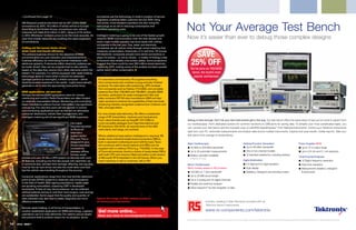 < Continued from page 13                                             companies use the technology to track to location of service
                                                                               engineers, enabling better customer service. With rising


                                                                                                                                                  Not Your Average Test Bench
          ABI Research predicts that there will be 297 million M2M             fuel prices, most transport operators are also using the
          connections by 2015, 110 million of which will be in Europe.         technology as an aid to reducing consumption and
          According to the Yankee Group, connections over cellular             therefore operating costs.
          networks will reach 81.8 million in 2011, rising to 217 million
                                                                 .5
          in 2015. Whichever numbers prove to be the more accurate, it’s
          clear that mobile networks are enabling this rapid expansion
                                                                               Intelligent metering is going to be one of the fastest growth
                                                                               areas for M2M communication over the next decade and               Now it’s easier than ever to debug those complex designs
          of connections.                                                      every major mobile operator has done deals with utilities
                                                                               companies in the last year. Gas, water and electricity
          Cutting out the human factor drives                                  companies can all reduce costs through smart metering that


                                                                                                                                                        SAVE
          down costs and boosts eﬃciency                                       measures consumption, historically or in real time. Of course,
          The primary business drivers for the adoption of M2M                 the electricity companies already have wired connections in
          communication are cost reduction and improvements in                 place; it’s simply – or not so simply – a matter of ﬁnding a way
          business efﬁciency by minimizing human interaction with
          electronic systems. If elements within electronic systems can
          be made ‘smart’, they can be programmed to take actions
                                                                               to transmit data reliably over power cables. Some projections
                                                                               suggest that there could be over 200 million smart electricity
                                                                               meters by 2015, making some of the analyst numbers quoted
                                                                                                                                                       25% OFF
          based on the data they receive from other elements within the        earlier seem rather conservative.                                      the list price on TDS2000C
          system. For example, if a vehicle equipped with asset tracking                                                                                Series, the world’s most
          technology starts to move when it should be stationary                                                                                         popular oscilloscope!
          (perhaps parked up overnight), a linked computer – which              For telematics and telemetry, RS supplies everything
          could be located anywhere in the world - might automatically          from components and modules to plug-and-play ﬁnished
          generate a call to alert the appropriate local police force.          products. For telematics with positioning, GPS modules
                                                                                from companies such as Fastrax (716-5283), and complete
          M2M applications: old and new                                         systems fromTelic (736-0810 and 736-0801), simplify M2M
          Perhaps the earliest M2M applications were for remote                 provision, particularly for asset management.Telic and
          monitoring and control. Radio transmitters are often located          sister company CEP AG also manufacture GSM and day/
          on relatively inaccessible hilltops. Monitoring and controlling       night cameras to enhance the capabilities of their terminals,
          these installations without human intervention has signiﬁcant         employing industry-recognised modems from Cinterion and
          cost saving. The next few years will see growth in control            Telit, amongst others.
          and monitoring applications such as this but car telematics,
          consumer electronics, vehicle ﬂeet management, and                    For very simple data telemetry, RS offers a substantial
          intelligent metering will all see signiﬁcant M2M expansion.           range of RF transmitters. receivers and transceivers.
                                                                                From value brands such as HopeRF (731-2795) to                    Debug is hard enough. Don’t let your test instruments get in the way. Our test bench offers the same ease-of-use you’ve come to expect from
                                                      Car-maker                 more complete packages from Digi International and                our oscilloscopes. From dedicated buttons for common functions to USB ports for saving data. To simplify your most complicated tasks, you
                                                      Hyundai launched          RF Solutions (704-3275), all requirements of the ISM
                                                                                                                                                  can connect your test bench with the included copy of LabVIEW SignalExpress™ from National Instruments. Control your Tektronix instruments
                                                      its BlueLink®             radio band, and range, are covered.
                                                      telematics                                                                                  right from your PC. Automate measurements and analyze data across multiple instruments. Capture and save results. Create reports. Take your
                                                      system earlier            Where additional base station intelligence is required, RS        test bench from average to extraordinary.
                                                      this year. This is        stocks many industrial single-board-computers (SBCs),
                                                      designed to give          both in standard motherboard and CoM formats. There
                                                                                                                                                  Basic Oscilloscopes                                                                       Arbitrary/Function Generators                                                             Power Supplies NEW!
                                                      drivers seamless          are numerous add-in board options and SBCs can be
                                                                                                                                                  I 40 MHz to 500 MHz bandwidth                                                             I Up to 240 MHz bandwidth                                                                  I Up to 72 V output range
                                                      connectivity              supplied with or without CPUs (e.g. 716-6292). In the case
                                                      between ofﬁces,           of Commell products, there’s a choice of ready-tested SBCs        I Up to 25 automatic measurements                                                         I One or two channel models                                                                I Up to 0.5 mV and 0.1 mA resolution
                                                      homes, smart              with both CPU and memory ﬁtted and either a trial version         I Battery operation available*                                                            I 12 standard waveforms, including arbitrary
          phones and cars. It’s like a GPS system on steroids with over         of Microsoft XP Embedded or the full licence. When you                                                                                                                                                                                                Timer/Counter/Analysers
                                                                                                                                                      *Depends on model.
          30 features, including one that lets people who lend their car        need machines to talk to machines, talk to RS!.                                                                                                             Digital Multimeters                                                                        I 12 Digit/s frequency resolution
          to someone else, perhaps their teenage offspring, see not only                                                                          Bench Oscilloscopes                                                                       I 5.5 digit and 6.5 digit resolution                                                       I 50ps time resolution
          how far the car was driven but also the route taken and how                                                                             NEW models added to RS portfolio                                                          I Dual display                                                                             I Measurement statistics, histogram
          fast the vehicle was traveling throughout the journey.
                                                                                                                                                  I 100 MHz to 1 GHz bandwidth                                                              I Statistics, histogram and trending modes                                                     & trend plots
          Consumer applications range from the now familiar electronic                                                                            I Up to 20 MB record length
          point of sale (EPOS) systems to relatively new innovations                                                                              I Up to 4 analog and 16 digital channels
          in the ﬁeld of health. With ageing populations, health costs                                                                            I Parallel and serial bus analysis
          are spiraling everywhere, outpacing GDP in developed
                                                                                                                                                  I Wave Inspector® for fast navigation of data
          economies. If data on say, blood pressure, can be collected
          without patients having to visit their local surgery, cost savings
          are substantial. Some argue that the quality and quantity of
          data collected may also lead to better diagnosis and more            Search the range of M2M related products
          effective treatments.                                                at rswww.com/electronics                                                                       Industry Leading 3-Year Warranty included with all
                                                                                                                                                                              Tektronix bench instruments.
          Remote asset tracking, in all forms of transportation, is
          another established application for M2M technology. Logistics         get more online...                                                                            www.rs-components.com/tektronix
          operations use it to track deliveries. The need to secure assets
                                                                                Share your views at www.designspark.com/etech
          and prevent theft is another reason for its adoption. Some
                                                                                                                                                  © 2009 Tektronix, Inc. All rights reserved. Tektronix products are covered by U.S. and foreign patents, issued and pending. TEKTRONIX and the Tektronix logo are registered trademarks and LabVIEW SignalExpress is a trademark of National Instruments.


14   eTech - ISSUE 7
 
