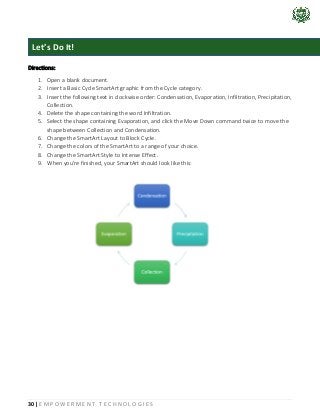 30 | E M P O W E R M E N T T E C H N O L O G I E S
Directions:
1. Open a blank document.
2. Insert a Basic Cycle SmartArt graphic from the Cycle category.
3. Insert the following text in clockwise order: Condensation, Evaporation, Infiltration, Precipitation,
Collection.
4. Delete the shape containing the word Infiltration.
5. Select the shape containing Evaporation, and click the Move Down command twice to move the
shape between Collection and Condensation.
6. Change the SmartArt Layout to Block Cycle.
7. Change the colors of the SmartArt to a range of your choice.
8. Change the SmartArt Style to Intense Effect.
9. When you're finished, your SmartArt should look like this:
Let’s Do It!
 