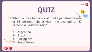 QUIZ
14.What country had a social media penetration rate
of 58 percent, higher than the average of 47
percent in Southern Asia?
a. Argentina
b. Brazil
c. Philippines
d. South Korea
 