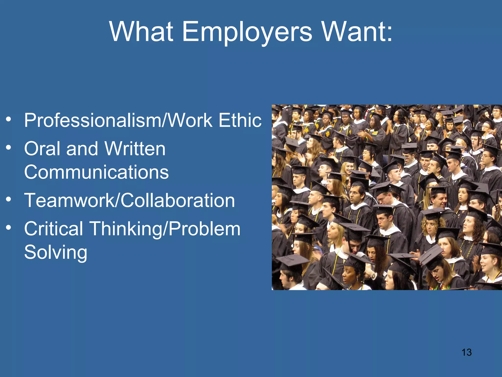What Employers Want: Professionalism/Work Ethic Oral and Written Communications Teamwork/Collaboration  Critical Thinking/Problem Solving 