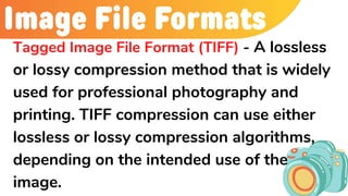 Image File Formats
Tagged Image File Format (TIFF) - A lossless
or lossy compression method that is widely
used for professional photography and
printing. TIFF compression can use either
lossless or lossy compression algorithms,
depending on the intended use of the
image.
 