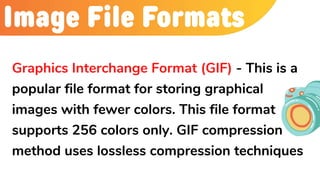 Image File Formats
Graphics Interchange Format (GIF) - This is a
popular file format for storing graphical
images with fewer colors. This file format
supports 256 colors only. GIF compression
method uses lossless compression techniques
 