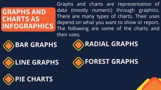 GRAPHS AND
CHARTS AS
INFOGRAPHICS
Graphs and charts are representation of
data (mostly numeric) through graphics.
There are many types of charts. Their uses
depend on what you want to show or report.
The following are some of the charts and
their uses.
BAR GRAPHS
LINE GRAPHS
PIE CHARTS
RADIAL GRAPHS
FOREST GRAPHS
 