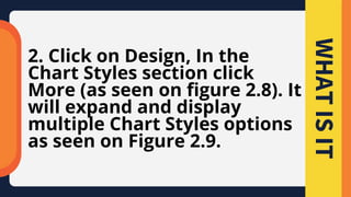 2. Click on Design, In the
Chart Styles section click
More (as seen on figure 2.8). It
will expand and display
multiple Chart Styles options
as seen on Figure 2.9.
WHAT
IS
IT
 