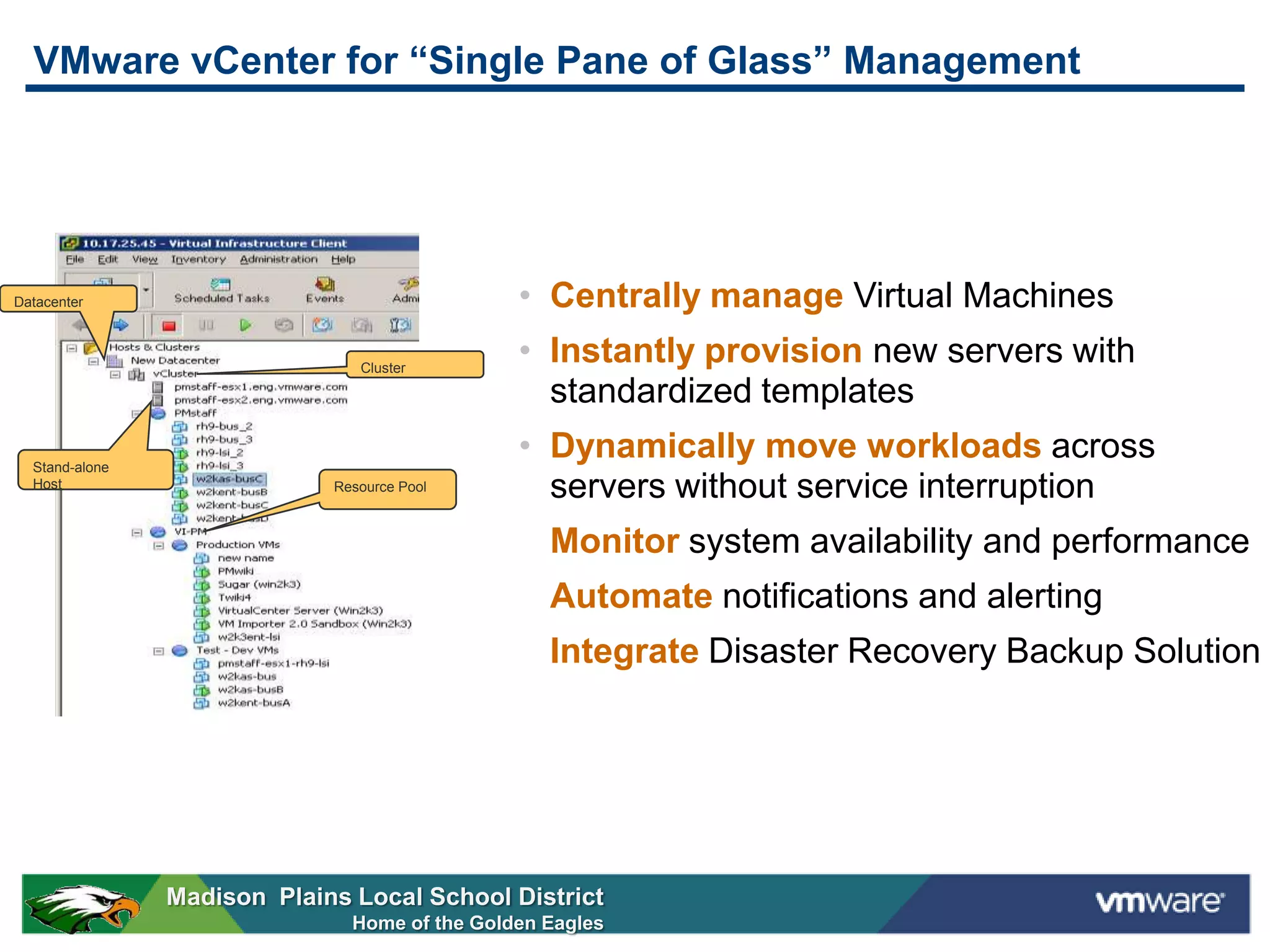 VMware vCenter for “Single Pane of Glass” Management




Datacenter                                     • Centrally manage Virtual Machines
                                Cluster
                                               • Instantly provision new servers with
                                                 standardized templates
  Stand-alone
                                               • Dynamically move workloads across
  Host                       Resource Pool       servers without service interruption
                                                  Monitor system availability and performance
                                                  Automate notifications and alerting
                                                  Integrate Disaster Recovery Backup Solution




                Madison Plains Local School District
                               Home of the Golden Eagles
 