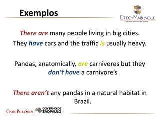 Exemplos
There are many people living in big cities.
They have cars and the traffic is usually heavy.
Pandas, anatomically, are carnivores but they
don’t have a carnivore’s
There aren’t any pandas in a natural habitat in
Brazil.
 