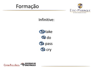 Formação
Infinitive:
To take
To do
To pass
To cry
 