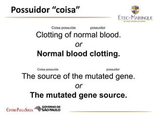 Possuidor “coisa”
Coisa possuída possuidor
Clotting of normal blood.
or
Normal blood clotting.
Coisa possuída possuidor
The source of the mutated gene.
or
The mutated gene source.
 