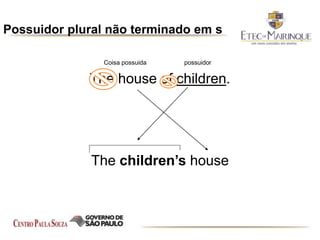 Possuidor plural não terminado em s
Coisa possuida possuidor
The house of children.
The children’s house
 