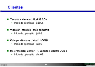 26/08/2003 Confidencial19
Clientes
 Yamaha - Manaus : Mod 39 CON
• Início de operação : ago/05
 Videolar - Manaus : Mod 18 CON4
• Início de operação : jul/05
 Coimpa - Manaus : Mod 11 CON4
• Início de operação : jul/05
 Meier Medical Center - R. Janeiro : Mod 09 CON 3
• Início de operação : abr/05
 