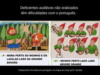 Deficientes auditivos não oralizados têm dificuldades com o português.  Chapeuzinho Vermelho em português e na língua de sinais (prof. Goulão) 