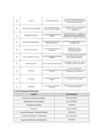 25 RECIFE ETE MIGUEL BATISTA
AV. NORTE MIGUEL ARRAES DE
ALENCAR, 7487 APIPUCOS (ANTIGA
FÁBRICA DA MACAXEIRA)
26 SANTA CRUZ DO CAPIBARIBE
ETE PROFESSOR JOSÉ
NIVALDO PEREIRA RAMOS
RUA PROJETADA S/N - CONCOMÍNIO
ACAUÃ – SANTA CRUZ DO
CAPIBARIBE
27
SÃO BENTO DO UNA
ETE GOVERNADOR EDUARDO
CAMPOS
RUA PROJETADA Nº 01, PARQUE DE
EXPOSIÇÃO ELÁDIO PORFÍRIO DE
MACEDO, S/N – SÃO BENTO DO UNA
28 SÃO JOSÉ DO BELMONTE
ESCOLA TÉCNICA ESTADUAL
PEDRO LEÃO LEAL
AVENIDA EUCLIDES CARVALHO, S/N -
CACIMBA NOVA
29 SÃO JOSÉ DO EGITO
ETE PROFESSORA CÉLIA
SIQUEIRA
RODOVIA PE – 320 –
DISTRITO INDUSTRIAL
SÃOOSE DO EGITO
30 SÃO LOURENÇO DA MATA
ETE GOVERNADOR EDUARDO
CAMPOS
RUA DR. PEDRO AUGUSTO CORREIA
DE ARAUJO,S/N,CENTRO
SÃO LOURENÇO DA MATA
31 SERRA TALHADA ETE CLÓVIS NOGUEIRA ALVES
RUA ISNERO IGNÁCIO, S/N, BAIRRO
DA VÁRZEA - SERRA TALHADA
32 SERTÂNIA
ETE ARLINDO FERREIRA DOS
SANTOS
AV. LUIS CAJUEIRO DE
ALBUQUERQUE, S/N, BAIRRO VILA DO
FERRO VELHO - SERTÂNIA
33 SURUBIM
ETE ANTONIO ARRUDA DE
FARIAS
RUA ANTONIO HERÁCLITO DO REGO
S/N – CENTRO - SURUBIM
34 TIMBAÚBA
ETE MIGUEL ARRAES DE
ALENCAR
RODOVIA PE 82, S/N, LOTEAMENTO
SAPUCAIA, TIMBAÚBA
12. Do Cronograma de Execução:
EVENTO DATA/PERIODO
Período de inscrição dos candidatos 08 a 30/11/2016
Realização das provas objetivas 05 a 16/12/2016
Divulgação do Gabarito 19/12/2016
Recursos 20 e 21/12/2016
Primeira classificação – Resultado Definitivo 23/12/2016
Período de matricula da 1ª classificação 09 a 13/01/2017
Segunda classificação (remanejamento) 17/01/2017
 