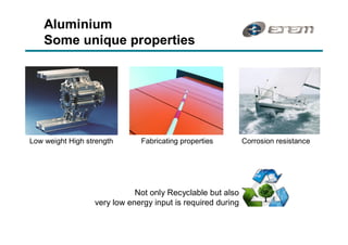 Aluminium
    Some unique properties




Low weight High strength      Fabricating properties         Corrosion resistance




                             Not only Recyclable but also
                  very low energy input is required during
 