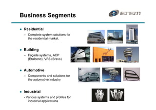 Business Segments

l   Residential
       Complete system solutions for
       the residential market.


l   Building
       Façade systems, ACP
       (Etalbond), VFS (Bravo)


l   Automotive
       Components and solutions for
       the automotive industry


l   Industrial
    - Various systems and profiles for
       industrial applications
 