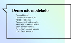 Denso não modelado
▫ Denso fibroso;
▫ Grande quantidade de
fibras colágenas;
▫ Pouca matriz extracelular;
▫ Resistência e elasticidade;
▫ Sem forma definida;
▫ Revestem órgãos, ossos e
compõem a derme.
 