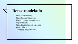 Denso modelado
▫ Denso tendinoso;
▫ Grande quantidade de
fibras colágenas grossas e
organizadas;
▫ Grande resistência e pouca
elasticidade;
▫ Tendões e ligamentos.
 