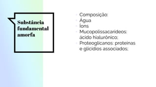 Substância
fundamental
amorfa
▫ Composição:
▫ Água
▫ Íons
▫ Mucopolissacarídeos:
ácido hialurônico;
▫ Proteoglicanos: proteínas
e glicídios associados;
 