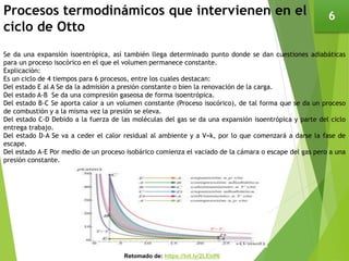 Procesos termodinámicos que intervienen en el
ciclo de Otto
6
Se da una expansión isoentrópica, así también llega determinado punto donde se dan cuestiones adiabáticas
para un proceso isocórico en el que el volumen permanece constante.
Explicación:
Es un ciclo de 4 tiempos para 6 procesos, entre los cuales destacan:
Del estado E al A Se da la admisión a presión constante o bien la renovación de la carga.
Del estado A-B Se da una compresión gaseosa de forma isoentrópica.
Del estado B-C Se aporta calor a un volumen constante (Proceso isocórico), de tal forma que se da un proceso
de combustión y a la misma vez la presión se eleva.
Del estado C-D Debido a la fuerza de las moléculas del gas se da una expansión isoentrópica y parte del ciclo
entrega trabajo.
Del estado D-A Se va a ceder el calor residual al ambiente y a V=k, por lo que comenzará a darse la fase de
escape.
Del estado A-E Por medio de un proceso isobárico comienza el vaciado de la cámara o escape del gas pero a una
presión constante.
Retomado de: https://bit.ly/2LEldf6
 