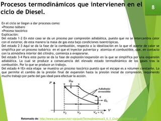 Procesos termodinámicos que intervienen en el
ciclo de Diesel.
8
En el ciclo se llegan a dar procesos como:
•Proceso isóbaro
•Proceso isocórico
Explicación:
Del estado 1-2 En este caso se da un proceso por compresión adiabática, puesto que no se intercambia calor
con el exterior, de esta manera la masa de gas esta bajo condiciones isoentrópicas.
Del estado 2-3 Aquí se da la fase de la combustión, respecto a la idealización en la que el aporte de calor se
simplifica por un proceso isobárico en el que el inyector pulveriza y atomiza el combustible, que, en contacto
con la atmósfera interior del cilindro, comienza a evaporarse.
Del estado 3-4 Para este punto se da la fase de explosión/expansión en la que se simplifica por una expansión
adiabática. La cual se produce a consecuencia del elevado estado termodinámico de los gases tras la
combustión. Por lo que se produce un trabajo.
Del estado 4-1En esta etapa se muestra un proceso isocórico puesto que el escape es a volumen constante. Lo
que permite el cambio de la presión final de expansión hasta la presión inicial de compresión, requiriendo
mucho trabajo por parte del gas ideal para efectuar la acción.
Retomado de: http://www.cie.unam.mx/~ojs/pub/Termodinamica/3_6_1_CicloIdealDiesel.gif
 
