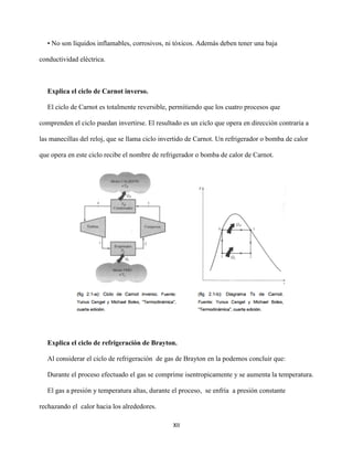 XII
• No son líquidos inflamables, corrosivos, ni tóxicos. Además deben tener una baja
conductividad eléctrica.
Explica el ciclo de Carnot inverso.
El ciclo de Carnot es totalmente reversible, permitiendo que los cuatro procesos que
comprenden el ciclo puedan invertirse. El resultado es un ciclo que opera en dirección contraria a
las manecillas del reloj, que se llama ciclo invertido de Carnot. Un refrigerador o bomba de calor
que opera en este ciclo recibe el nombre de refrigerador o bomba de calor de Carnot.
Explica el ciclo de refrigeración de Brayton.
Al considerar el ciclo de refrigeración de gas de Brayton en la podemos concluir que:
Durante el proceso efectuado el gas se comprime isentropicamente y se aumenta la temperatura.
El gas a presión y temperatura altas, durante el proceso, se enfría a presión constante
rechazando el calor hacia los alrededores.
 