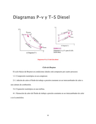 VI
Diagramas P-V y T-S del Ciclo diésel
Ciclo de Brayton
El ciclo básico de Brayton en condiciones ideales está compuesto por cuatro procesos:
1-2. Compresión isentrópica en un compresor.
2-3. Adición de calor al fluido de trabajo a presión constante en un intercambiador de calor o
una cámara de combustión.
3-4. Expansión isentrópica en una turbina.
4-1. Remoción de calor del fluido de trabajo a presión constante en un intercambiador de calor
o en la atmósfera
 