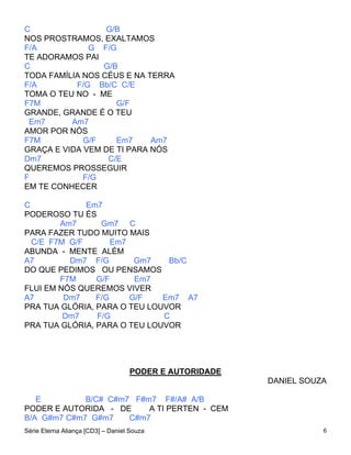 C                 G/B
NOS PROSTRAMOS, EXALTAMOS
F/A           G F/G
TE ADORAMOS PAI
C                G/B
TODA FAMÍLIA NOS CÉUS E NA TERRA
F/A        F/G Bb/C C/E
TOMA O TEU NO - ME
F7M                 G/F
GRANDE, GRANDE É O TEU
 Em7      Am7
AMOR POR NÓS
F7M          G/F    Em7     Am7
GRAÇA E VIDA VEM DE TI PARA NÓS
Dm7               C/E
QUEREMOS PROSSEGUIR
F            F/G
EM TE CONHECER

C             Em7
PODEROSO TU ÉS
        Am7      Gm7 C
PARA FAZER TUDO MUITO MAIS
  C/E F7M G/F       Em7
ABUNDA - MENTE ALÉM
A7        Dm7 F/G        Gm7   Bb/C
DO QUE PEDIMOS OU PENSAMOS
        F7M     G/F      Em7
FLUI EM NÓS QUEREMOS VIVER
A7       Dm7    F/G     G/F   Em7 A7
PRA TUA GLÓRIA, PARA O TEU LOUVOR
         Dm7    F/G           C
PRA TUA GLÓRIA, PARA O TEU LOUVOR




                                   PODER E AUTORIDADE
                                                        DANIEL SOUZA

   E         B/C# C#m7 F#m7 F#/A# A/B
PODER E AUTORIDA - DE     A TI PERTEN - CEM
B/A G#m7 C#m7 G#m7    C#m7
Série Eterna Aliança [CD3] – Daniel Souza                          6
 