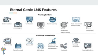 Eternal Genie LMS Features
Training Content
Content Creation
Content Library
Gamiﬁcation
Simulations
Remote Learning
Periodic
checkpoints/
practice sessions
Proﬁling & Assessments
Mock environment
for tool practice
Trainee Proﬁle
Trainer Scorecard
Success Factor
Assessment - 360
degree feedback
Skill Analysis
Training ROI
Dashboards Reports & Analytics
Reward &
Recognition
User level
customisation
 
