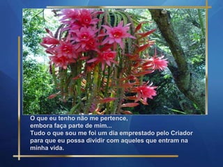 O que eu tenho não me pertence,
embora faça parte de mim...
Tudo o que sou me foi um dia emprestado pelo Criador
para que eu possa dividir com aqueles que entram na
minha vida.
 