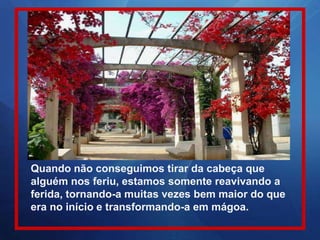 Quando não conseguimos tirar da cabeça que
alguém nos feriu, estamos somente reavivando a
ferida, tornando-a muitas vezes bem maior do que
era no início e transformando-a em mágoa.
 
