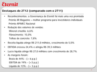 Destaques do 2T12 (comparado com o 2T11)

 •   Reconhecimentos: a Governança da Eternit foi mais uma vez premiada
     Prêmio IR Magazine – melhor programa para investidores individuais
     Prêmio APIMEC Nacional
 •   Redução dos volumes de vendas:
      Mineral crisotila: 6,6%
      Fibrocimento: 15,0%
      Telhas de concreto: 7,8%
 •   Receita líquida atinge R$ 211,0 milhões, crescimento de 5,0%
 •   EBTIDA cresceu 24,4% e atingiu R$ 39,3 milhões
 •   Lucro líquido atinge R$ 27,0 milhões com crescimento de 28,7%
 •   As margens foram:
      Bruta de 44% - (+ 6 p.p.)
      EBITDA de 19% - (+3 p.p.)
      Líquida de 13% - (+ 3 p.p.)
                                                                          3
 