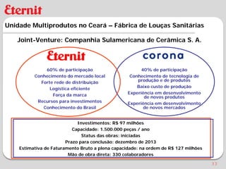 Unidade Multiprodutos no Ceará – Fábrica de Louças Sanitárias

   Joint-Venture: Companhia Sulamericana de Cerâmica S. A.



              60% de participação                       40% de participação
          Conhecimento do mercado local            Conhecimento de tecnologia de
            Forte rede de distribuição                produção e de produtos
                Logística eficiente                   Baixo custo de produção
                 Força da marca                   Experiência em desenvolvimento
                                                         de novos produtos
           Recursos para investimentos            Experiência em desenvolvimento
             Conhecimento do Brasil                      de novos mercados


                             Investimentos: R$ 97 milhões
                           Capacidade: 1.500.000 peças / ano
                               Status das obras: iniciadas
                        Prazo para conclusão: dezembro de 2013
    Estimativa de Faturamento Bruto a plena capacidade: na ordem de R$ 127 milhões
                         Mão de obra direta: 330 colaboradores

                                                                                     33
 