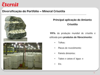 Diversificação do Portfólio – Mineral Crisotila


                                      Principal aplicação do Amianto
                                                     Crisotila


                                   99% da produção mundial de crisotila é
                                   utilizada para produtos de fibrocimento:

                                       •   Telhas;

                                       •   Placas de revestimento;

                                       •   Painéis divisórios;

                                       •   Tubos e caixas d´água; e

                                       •   Etc.


                                                                              5
 