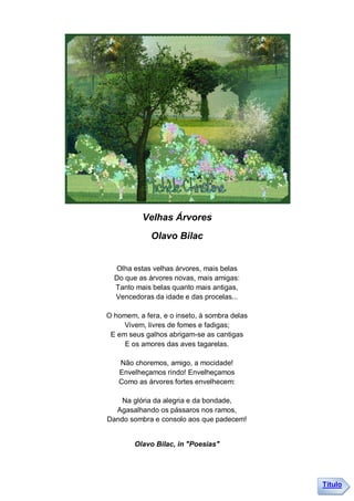 Velhas Árvores
             Olavo Bilac


  Olha estas velhas árvores, mais belas
  Do que as árvores novas, mais amigas:
  Tanto mais belas quanto mais antigas,
  Vencedoras da idade e das procelas...

O homem, a fera, e o inseto, à sombra delas
     Vivem, livres de fomes e fadigas;
 E em seus galhos abrigam-se as cantigas
     E os amores das aves tagarelas.

   Não choremos, amigo, a mocidade!
   Envelheçamos rindo! Envelheçamos
   Como as árvores fortes envelhecem:

    Na glória da alegria e da bondade,
  Agasalhando os pássaros nos ramos,
Dando sombra e consolo aos que padecem!


        Olavo Bilac, in "Poesias"




                                              Título
 
