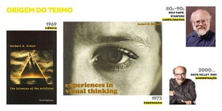 1969
1973
80S-90S
2000...
CIÊNCIA
ENGENHARIA
ROLF FASTE,
STANFORD
CAMPO CRIATIVO
DAVID KELLEY, IDEO
ADMINISTRAÇÃO
ORIGEmdotermo
 