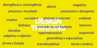 DESIGN
thinking
abstrato e concretococriativo
transdisciplinar
iterativo
empático
evidente
aberto
imersivo
experimentativo sequencial
construtivo e disruptivo
holístico centrado no ser humano
processo e resultado
teoria e práticaforma e função
criativo
generalista e especialista
subjetivo e objetivo
divergência e convergência
 