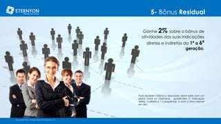 5- Bônus Residual
©Copyright 2014, All Rights Reserved, Eternyon, LLC
Ganhe 2% sobre o bônus de
atividades das suas indicações
diretas e indiretas da 1ª a 6ª
geração.
Para receber o Bônus o associado deve estar com um
plano Gold ou Diamond, qualificado (1 indicação
direta a direita e 1 a esquerda) e com o ativo mensal
em dia.
©Copyright 2014, All Rights Reserved, Eternyon, LLC
 