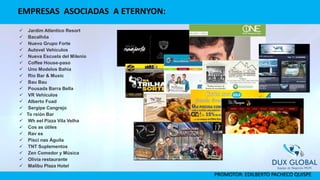  Jardim Atlantico Resort
 Bacalhôa
 Nuevo Grupo Forte
 Autovel Vehículos
 Nueva Escuela del Milenio
 Coffee House-paso
 Uno Modelos Bahia
 Rio Bar & Music
 Bau Bau
 Pousada Barra Bella
 VR Vehículos
 Alberto Fuad
 Sergipe Cangrejo
 To rsión Bar
 Wh eel Pizza Vila Velha
 Cos as útiles
 Rav es
 Pisci nas Águila
 TNT Suplementos
 Zen Comedor y Música
 Olivia restaurante
 Malibu Plaza Hotel
EMPRESAS ASOCIADAS A ETERNYON:
PROMOTOR: EDILBERTO PACHECO QUISPE
 