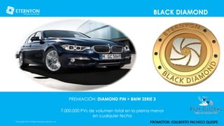 BLACK DIAMOND
©Copyright 2014, All Rights Reserved, Eternyon, LLC
PREMIACIÓN: DIAMOND PIN + BMW SERIE 3
7.000.000 PVs de volumen total en la pierna menor
en cualquier fecha
PROMOTOR: EDILBERTO PACHECO QUISPE
 