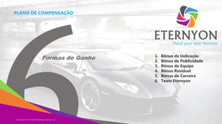 PLANO DE COMPENSAÇÃO

Mind your own business

Formas de Ganho

©Copyright 2013,
Copyright Eternyon LLC, 2014 All Rights Reserved, Eternyon, LLC

1.
2.
3.
4.
5.
6.

Bônus de Indicação
Bônus de Publicidade
Bônus de Equipe
Bônus Residual
Bônus de Carreira
Team Eternyon

 