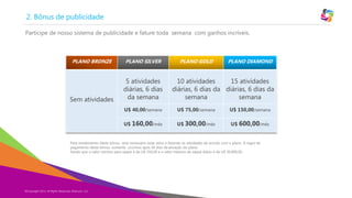 2. Bônus de publicidade
Participe de nosso sistema de publicidade e fature toda semana com ganhos incríveis.

PLANO BRONZE

PLANO SILVER

Sem atividades

5 atividades
diárias, 6 dias
da semana

PLANO GOLD

PLANO DIAMOND

10 atividades
15 atividades
diárias, 6 dias da diárias, 6 dias da
semana
semana

U$ 40,00/semana

U$ 75,00/semana

U$ 150,00/semana

U$ 160,00/mês

U$ 300,00/mês

U$ 600,00/mês

Para recebimento deste bônus será necessário estar ativo e fazendo as atividades de acordo com o plano. A regra de
pagamento deste bônus somente ocorrera após 30 dias da ativação do plano.
Sendo que o valor mínimo para saque é de U$ 350,00 e o valor máximo de saque diário é de U$ 20.000,00.

©Copyright 2013,
Copyright Eternyon LLC, 2014 All Rights Reserved, Eternyon, LLC

 