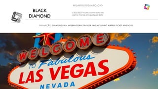 REQUISITOS DE QUALIFICAÇÃO

BLACK
DIAMOND

3.000.000 PVs de volume total na
perna menor em qualquer data

PREMIAÇÃO: DIAMOND PIN + INTERNATIONAL TRIP FOR TWO INCLUDING AIRFARE TICKET AND HOTEL

VEGAS

©Copyright 2013, All Rights Reserved, Eternyon, LLC

 