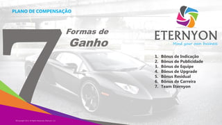 PLANO DE COMPENSAÇÃO

Formas de

Ganho

Mind your own business

1.
2.
3.
4.
5.
6.
7.

©Copyright 2014,
Copyright Eternyon LLC, 2014 All Rights Reserved, Eternyon, LLC

Bônus de Indicação
Bônus de Publicidade
Bônus de Equipe
Bônus de Upgrade
Bônus Residual
Bônus de Carreira
Team Eternyon

 