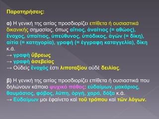 Παρατηρήσεις:
α) Η γενική της αιτίας προσδιορίζει επίθετα ή ουσιαστικά
δικανικής σημασίας, όπως αἴτιος, ἀναίτιος (= αθώος),
ἔνοχος, ὑπαίτιος, ὑπεύθυνος, ὑπόδικος, ἀγών (= δίκη),
αἰτία (= κατηγορία), γραφή (= έγγραφη καταγγελία), δίκη
κ.ά.
→ γραφὴ ὕβρεως
→ γραφὴ ἀσεβείας
→ Οὐδεὶς ἔνοχός ἐστι λιποταξίου οὐδὲ δειλίας.
β) Η γενική της αιτίας προσδιορίζει επίθετα ή ουσιαστικά που
δηλώνουν κάποιο ψυχικό πάθος: εὐδαίμων, μακάριος,
θαυμάσιος, φόβος, λύπη, ὀργή, χαρά, δόξα κ.ά.
→ Εὐδαίμων μοι ἐφαίνετο καὶ τοῦ τρόπου καὶ τῶν λόγων.
 