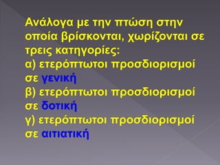 Ανάλογα με την πτώση στην
οποία βρίσκονται, χωρίζονται σε
τρεις κατηγορίες:
α) ετερόπτωτοι προσδιορισμοί
σε γενική
β) ετερόπτωτοι προσδιορισμοί
σε δοτική
γ) ετερόπτωτοι προσδιορισμοί
σε αιτιατική
 