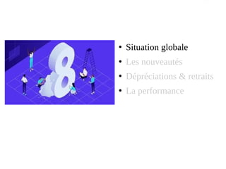 ●
Situation globale
●
Les nouveautés
●
Dépréciations & retraits
●
La performance
 