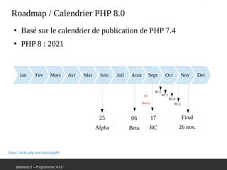 @hellosct1 – Programmez #10 -
Roadmap / Calendrier PHP 8.0
Jan Fev Mars Avr Mai Juin Juil Aout Sept Oct Nov Dec
●
Basé sur le calendrier de publication de PHP 7.4
●
PHP 8 : 2021
https://wiki.php.net/todo/php80
25
Alpha
06
Beta
17
RC
Final
26 nov.
RC3
RC4
RC2
RC5
03
Beta3
 