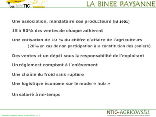 Une association, mandataire des producteurs                    (loi 1901)
            15 à 80% des ventes de chaque adhérent

            Une cotisation de 10 % du chiffre d’affaire de l’agriculteurs
                                (20% en cas de non participation à la constitution des paniers)

            Des ventes et un dépôt sous la responsabilité de l’exploitant

            Un règlement comptant à l'enlèvement

            Une chaîne du froid sans rupture

            Une logistique économe sur le mode « hub »

            Un salarié à mi-temps




Nouveaux usages d'internet en agriculture   p. 31
 